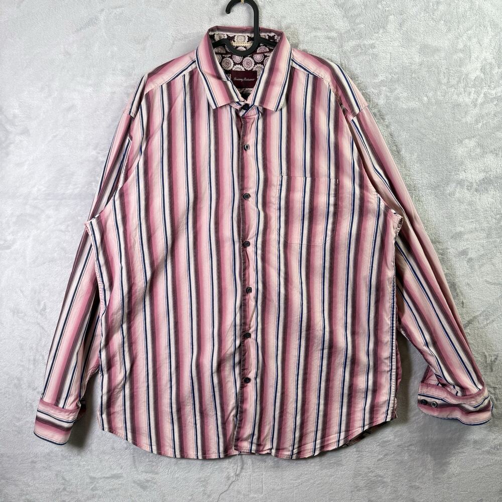 Tommy Bahama Silk/Cotton Shirt Mens XL Pink/Red Dress Shirt Stripe Beachy Resort